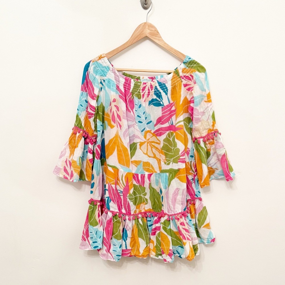 Boho Resort ready Tunic mini dress M Multicolor Tropical Pom Pom Bell Sleeve